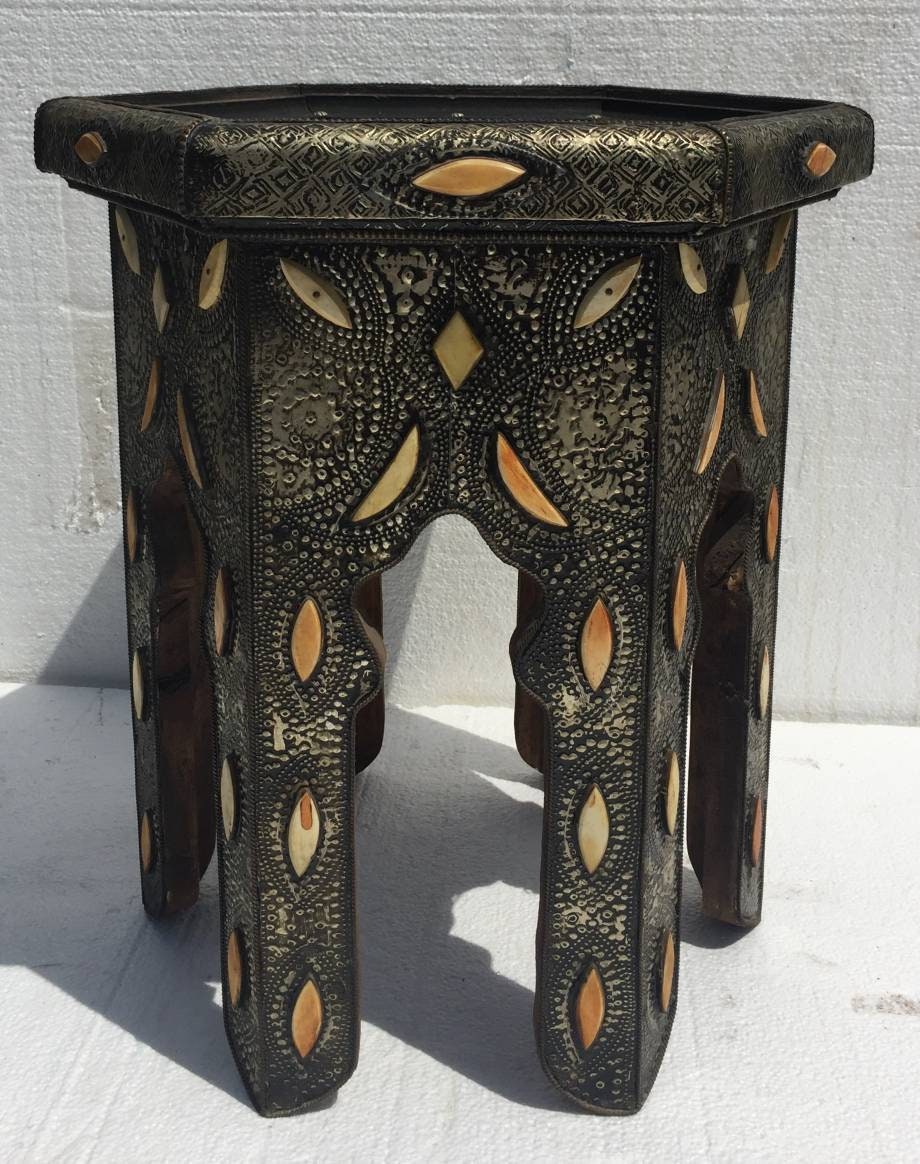 Vintage Moroccan Table: Touareg Tribal Pottery, Camel Bone & Metal Inlay