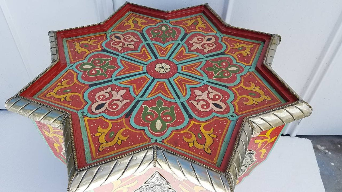 Hand-Painted Moroccan Wooden Table with Silver Inlay