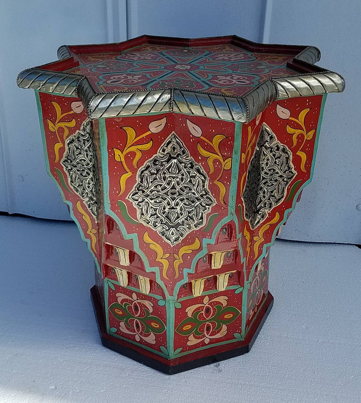 Hand-Painted Moroccan Wooden Table with Silver Inlay