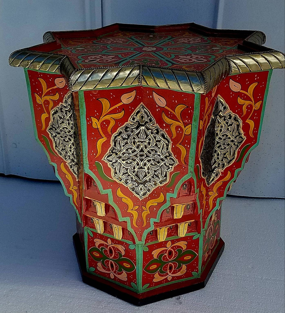 Hand-Painted Moroccan Wooden Table with Silver Inlay