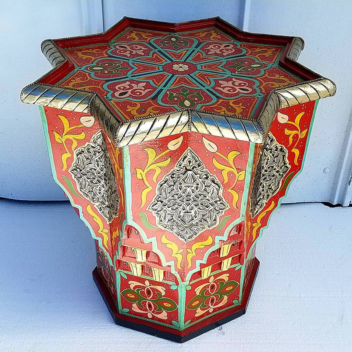 Hand-Painted Moroccan Wooden Table with Silver Inlay