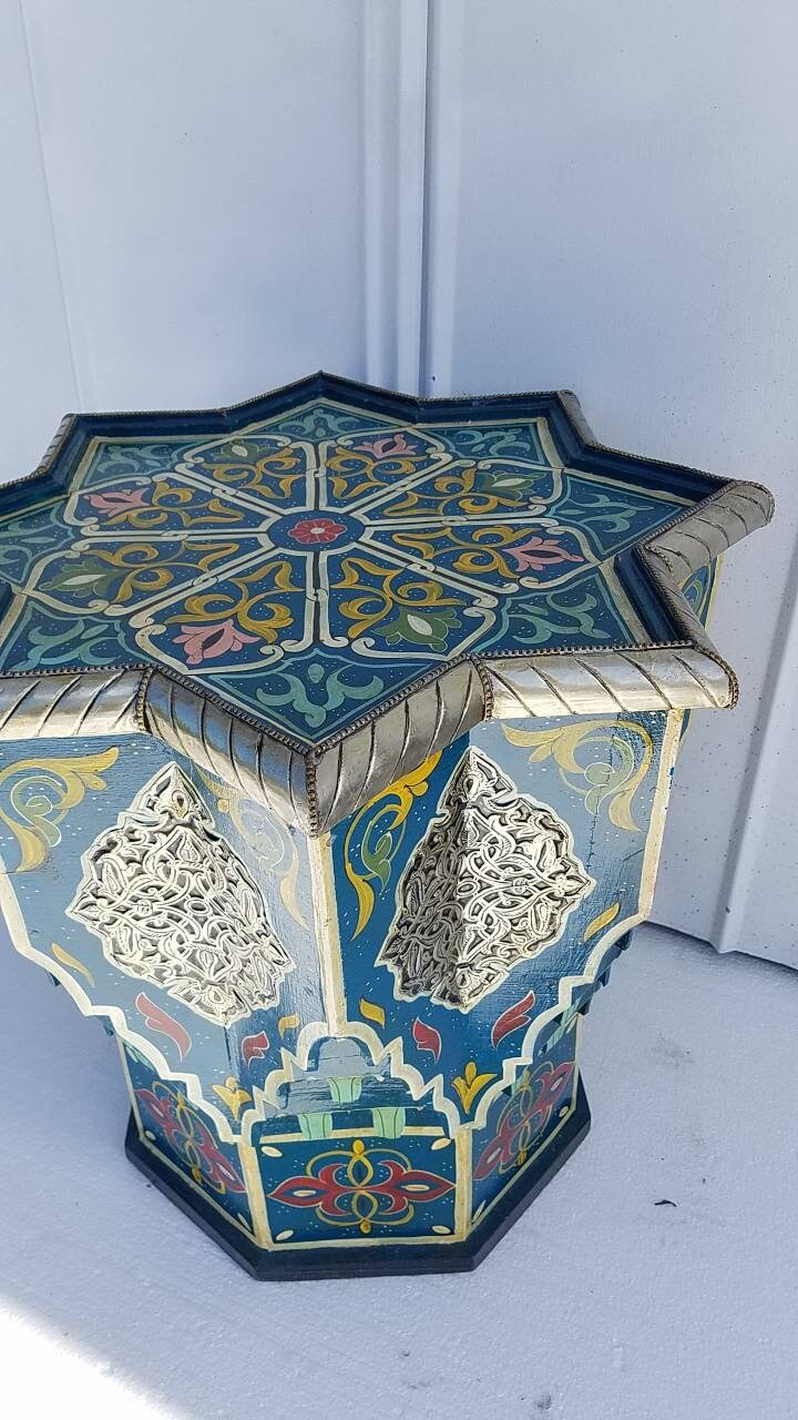 Hand-Painted Moroccan Star Table with Silver Accents – Boho Accent Furniture