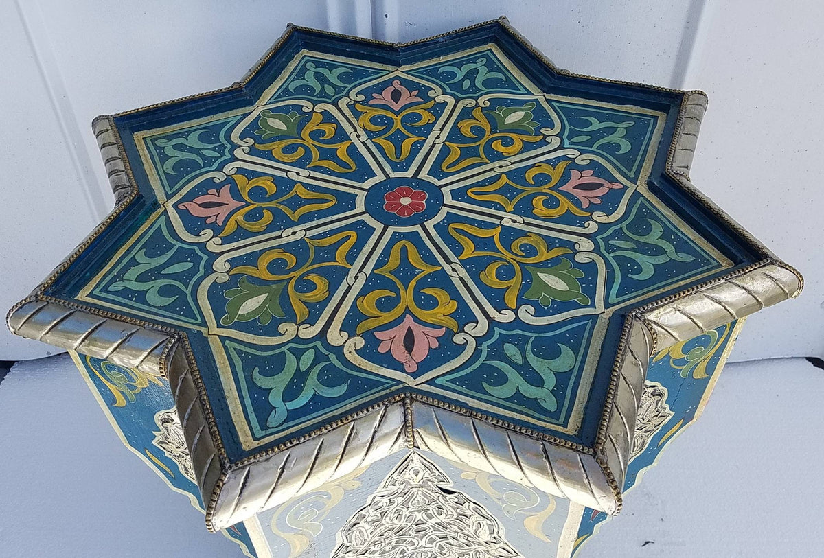 Hand-Painted Moroccan Star Table with Silver Accents – Boho Accent Furniture