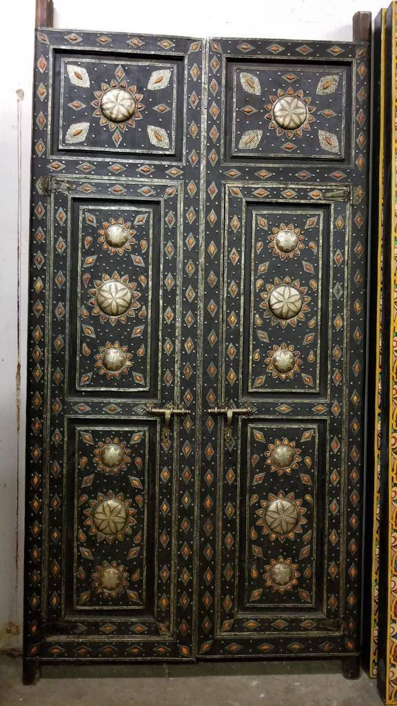 Vintage Moorish Palace Double Door: Camel Bone & Silver Inlaid