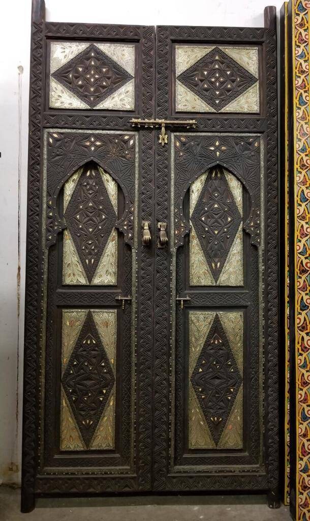 Vintage Moorish Palace Double Door: Camel Bone & Silver Inlaid