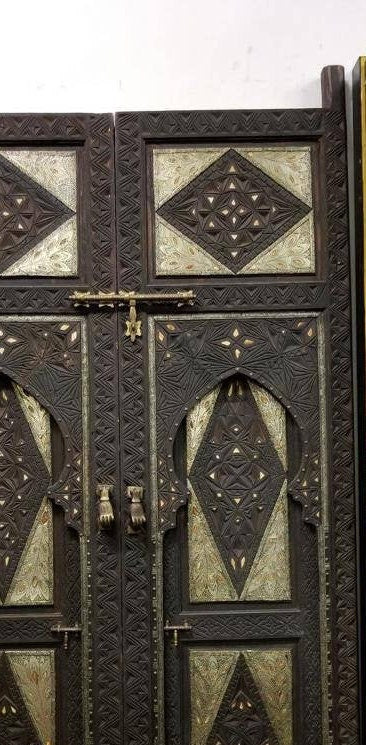 Vintage Moorish Palace Double Door: Camel Bone & Silver Inlaid