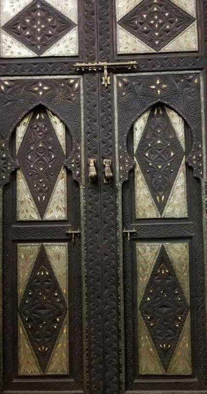 Vintage Moorish Palace Double Door: Camel Bone & Silver Inlaid