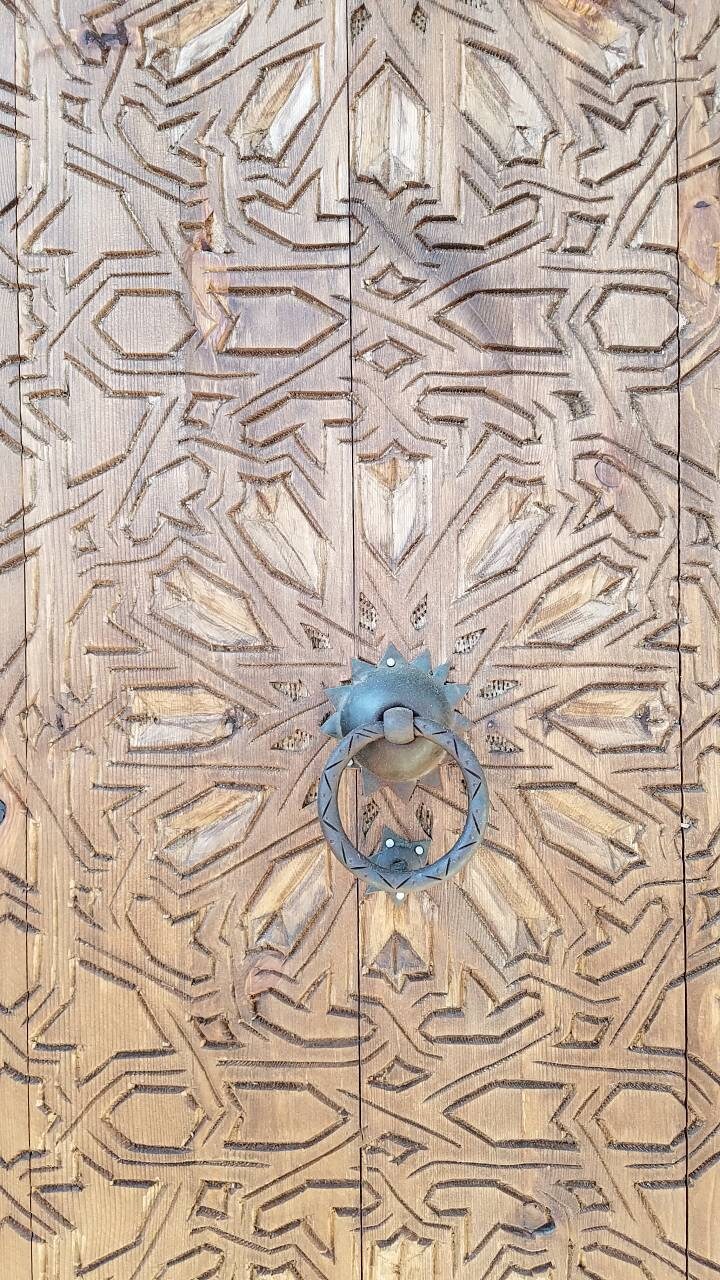 Handmade Vintage Moroccan Cedar Door, Geometric Carving, Metal Knocker (89x41)