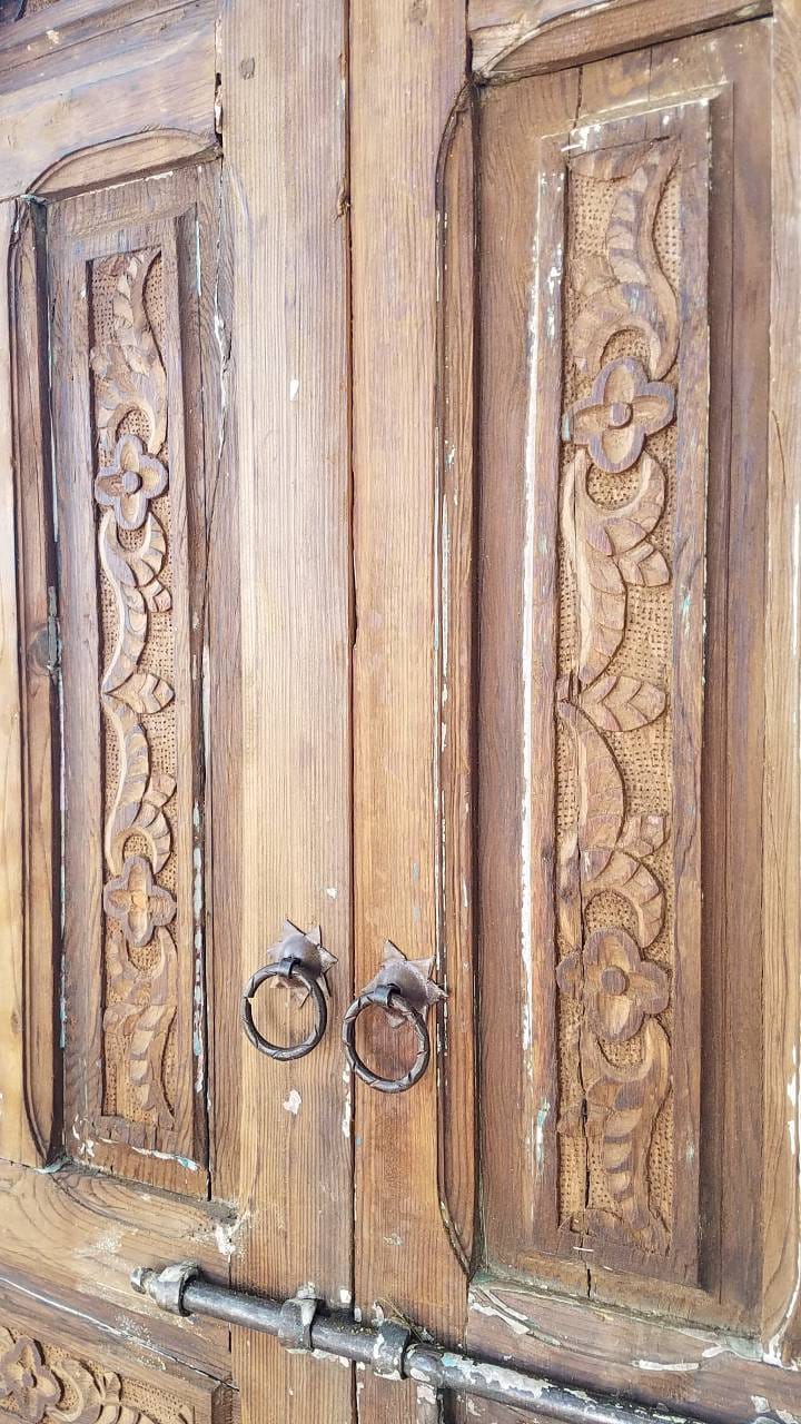 Handmade Vintage Moroccan Carved Wood Door Panels (78x40)