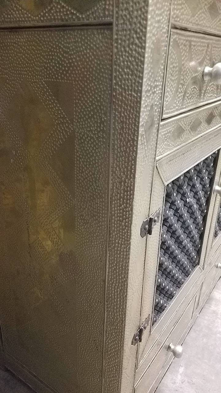 Handmade Moroccan Silver Metal Cabinet: Mousharabia Door, Wood Frame