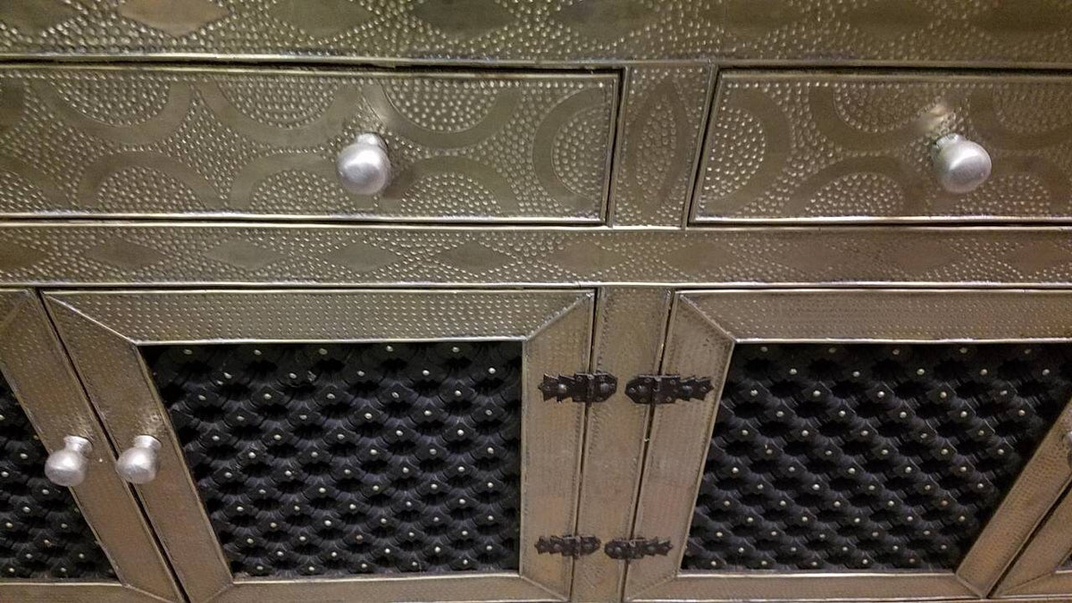 Handmade Moroccan Silver Metal Cabinet: Mousharabia Door, Wood Frame