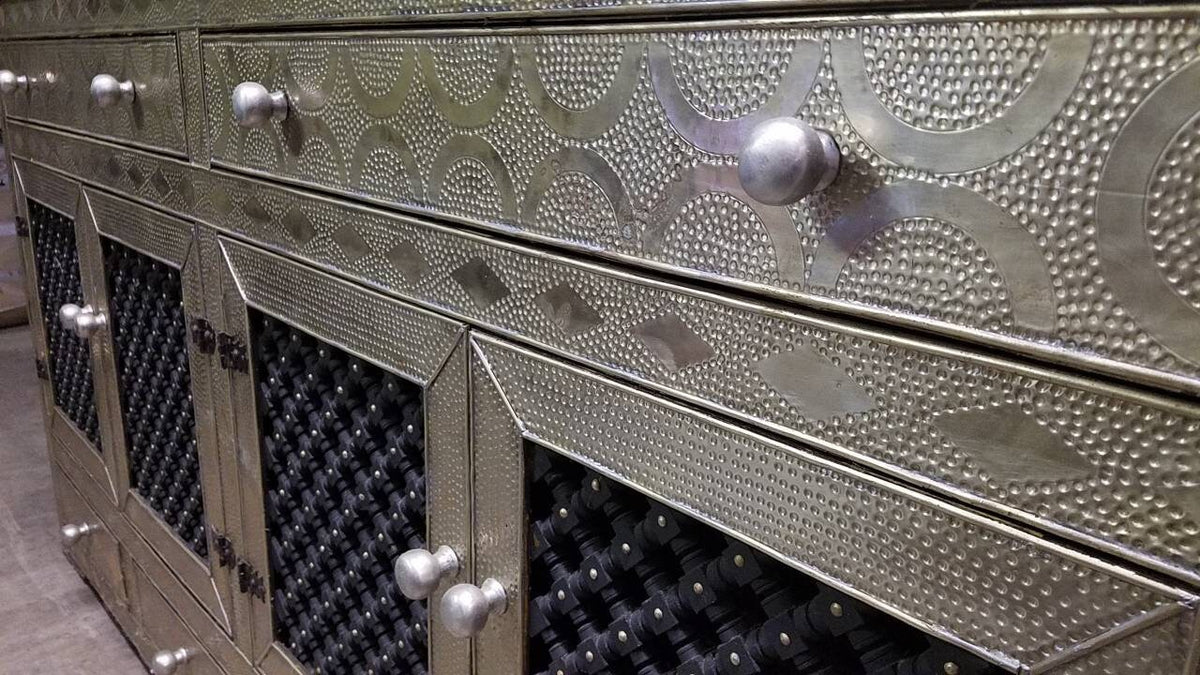 Handmade Moroccan Silver Metal Cabinet: Mousharabia Door, Wood Frame