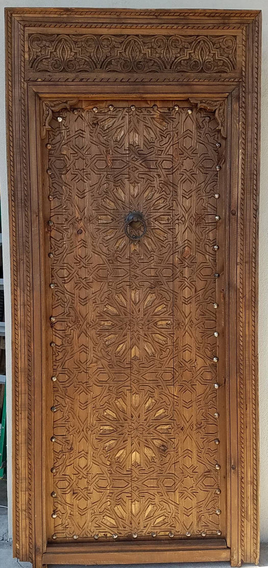 Handmade Vintage Moroccan Cedar Door, Geometric Carving, Metal Knocker (89x41)