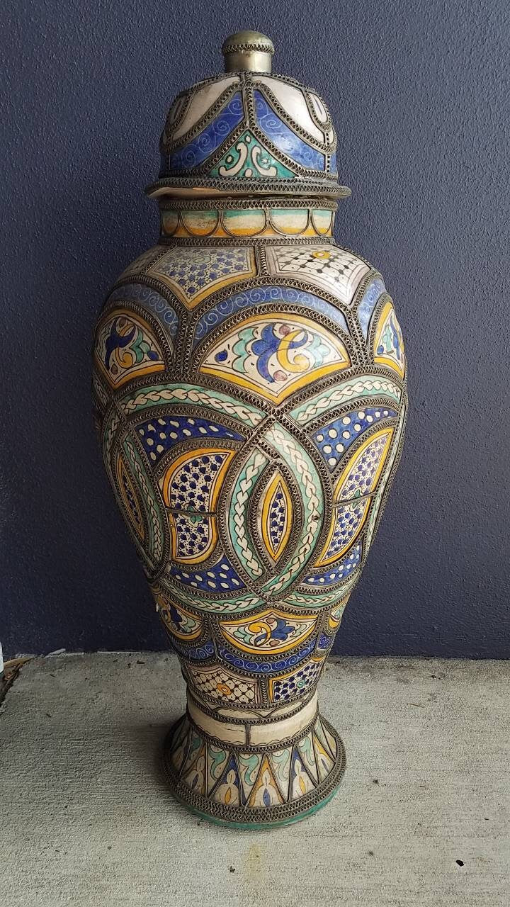 Antique Fez Clay Urn, Embossed Brass Wirework Overlay, Hand-Painted Glazed Panels