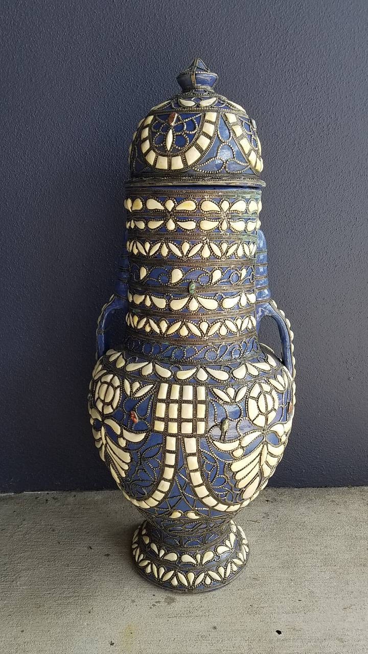 Hand Carved Camel Bone Moroccan Vase, Metal Accents
