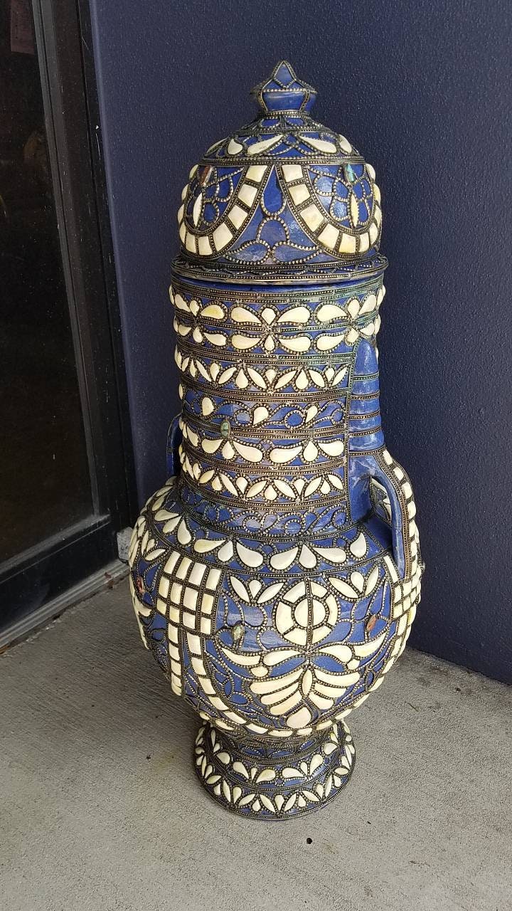 Hand Carved Camel Bone Moroccan Vase, Metal Accents
