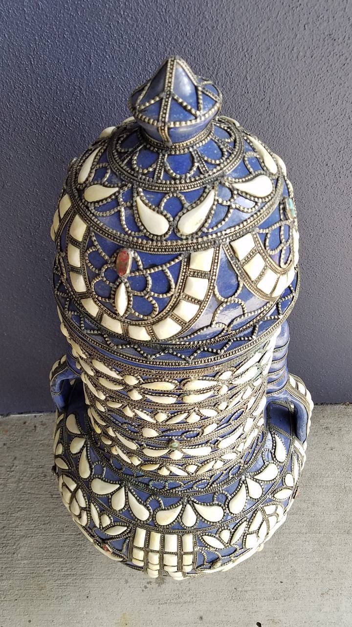 Hand Carved Camel Bone Moroccan Vase, Metal Accents