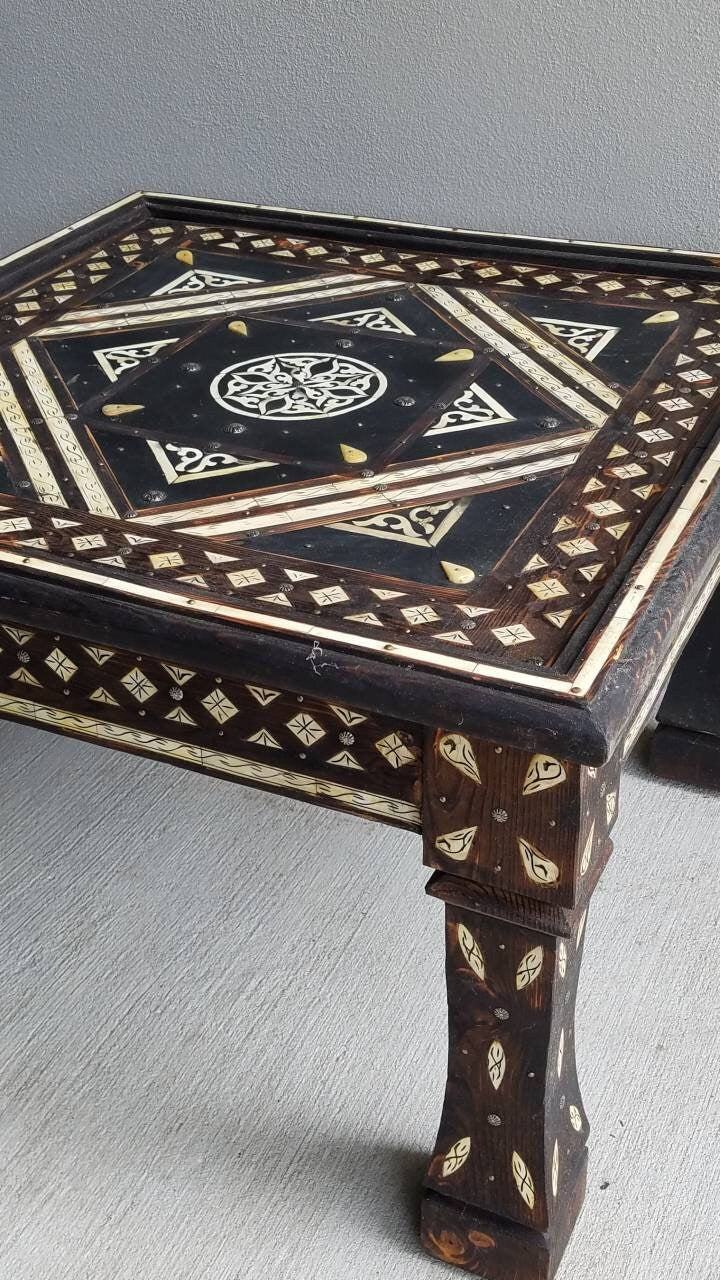 Bone Inlay Moroccan Wooden Table: 29" Square, Handmade