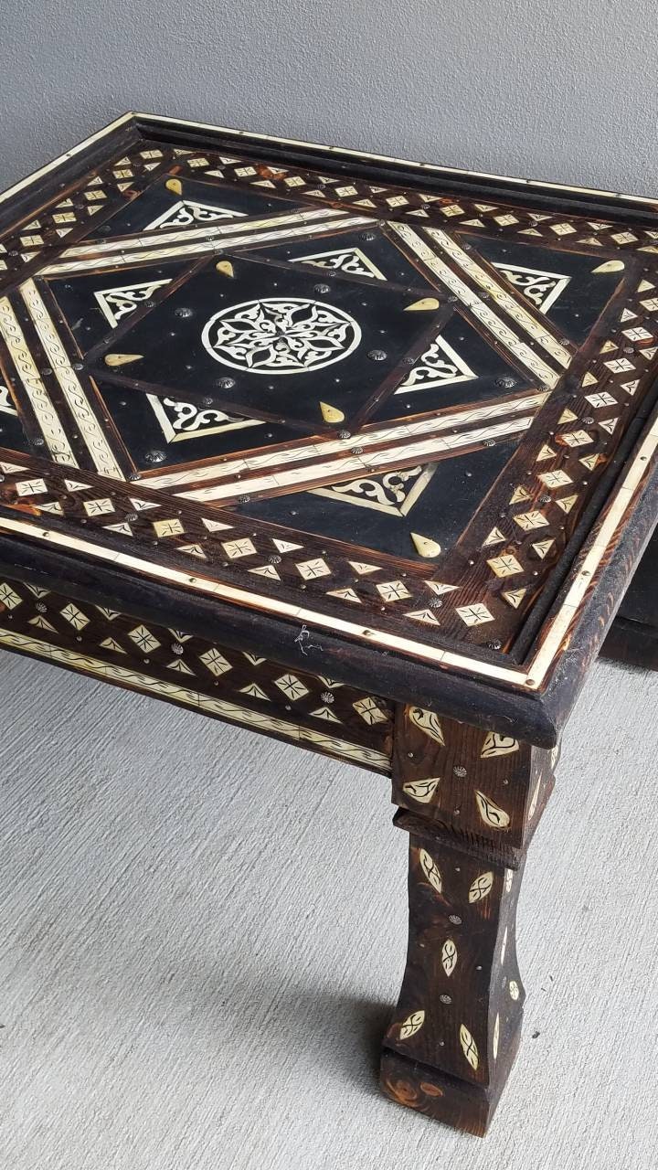 Bone Inlay Moroccan Wooden Table: 29" Square, Handmade