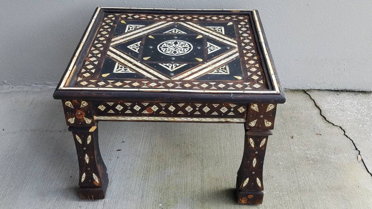 Bone Inlay Moroccan Wooden Table: 29" Square, Handmade