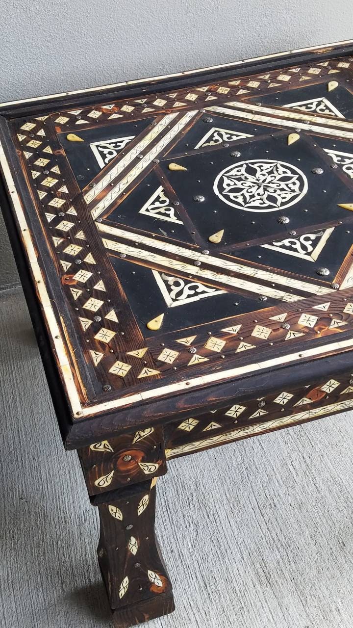 Bone Inlay Moroccan Wooden Table: 29" Square, Handmade