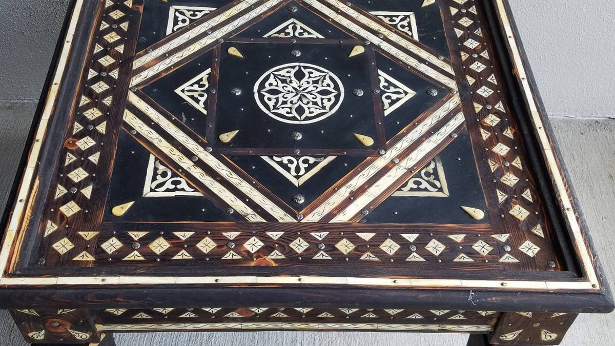 Bone Inlay Moroccan Wooden Table: 29" Square, Handmade
