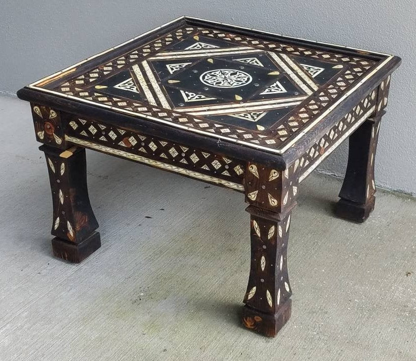 Bone Inlay Moroccan Wooden Table: 29" Square, Handmade