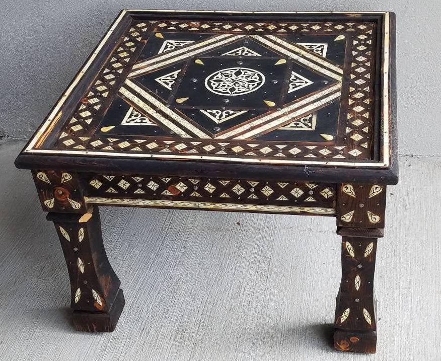 Bone Inlay Moroccan Wooden Table: 29" Square, Handmade