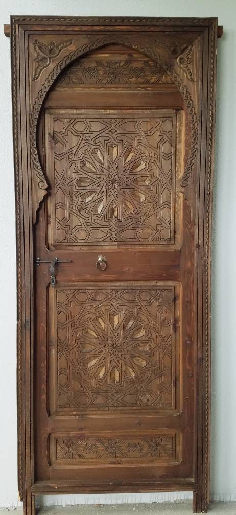 Hand Carved Moroccan Door: Geometric Moorish Woodwork, 79" x 29.5"
