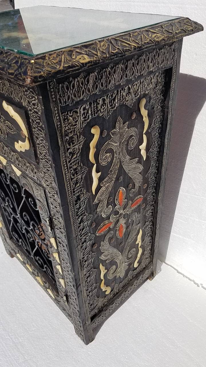 Moroccan Nightstand: Camel Bone, Silver Metal, Wrought Iron Door