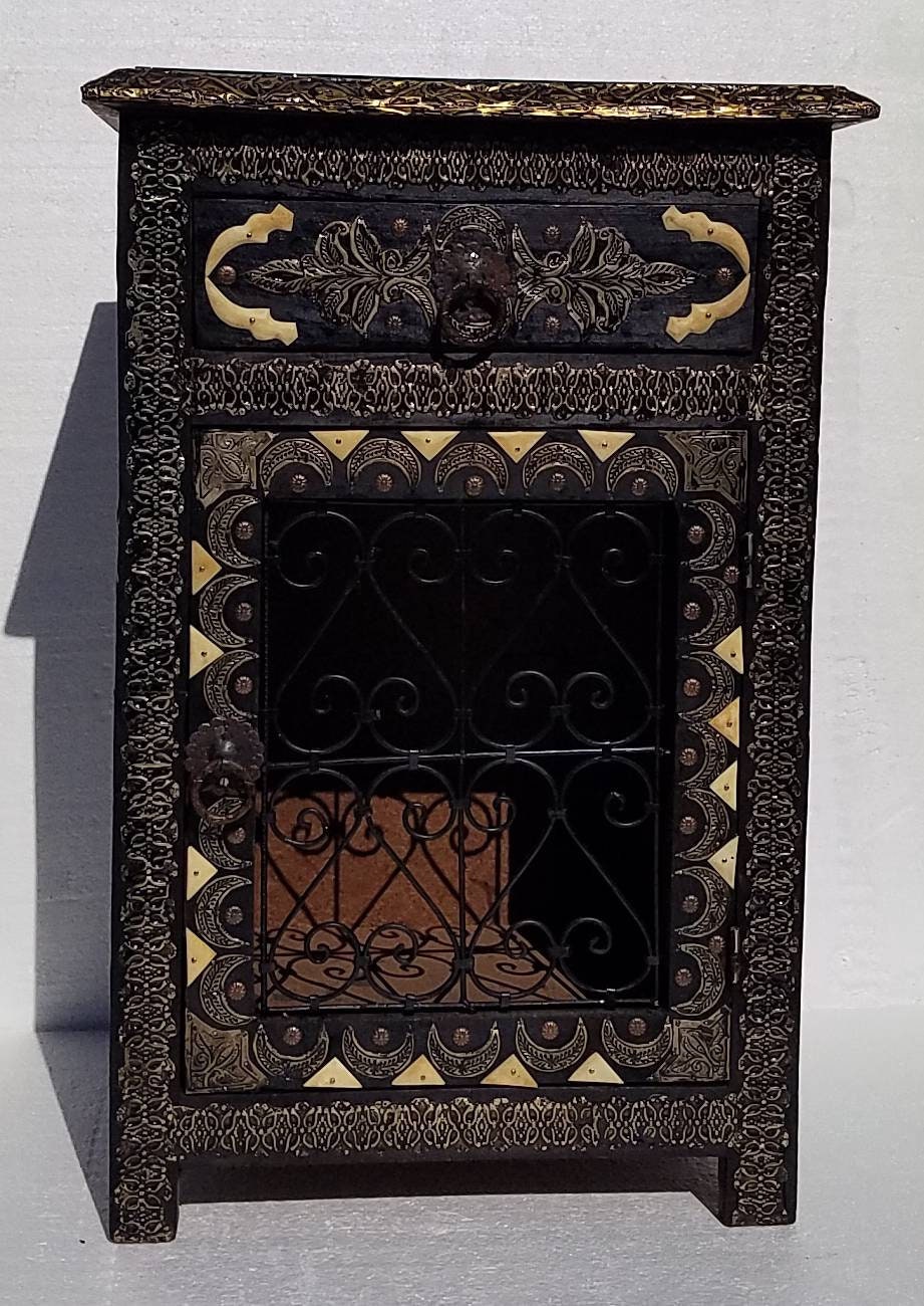 Moroccan Nightstand: Camel Bone, Silver Metal, Wrought Iron Door