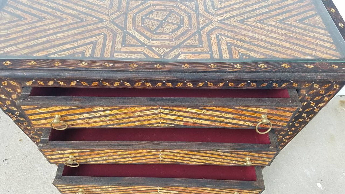 Inlaid Camel Bone Moroccan Dresser, Vintage Moorish Cabinet
