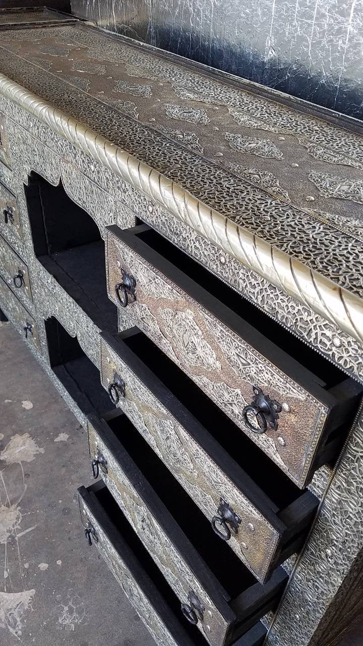 Handmade Moroccan Silver Metal Cabinet, 8 Drawer Rustic Buffet