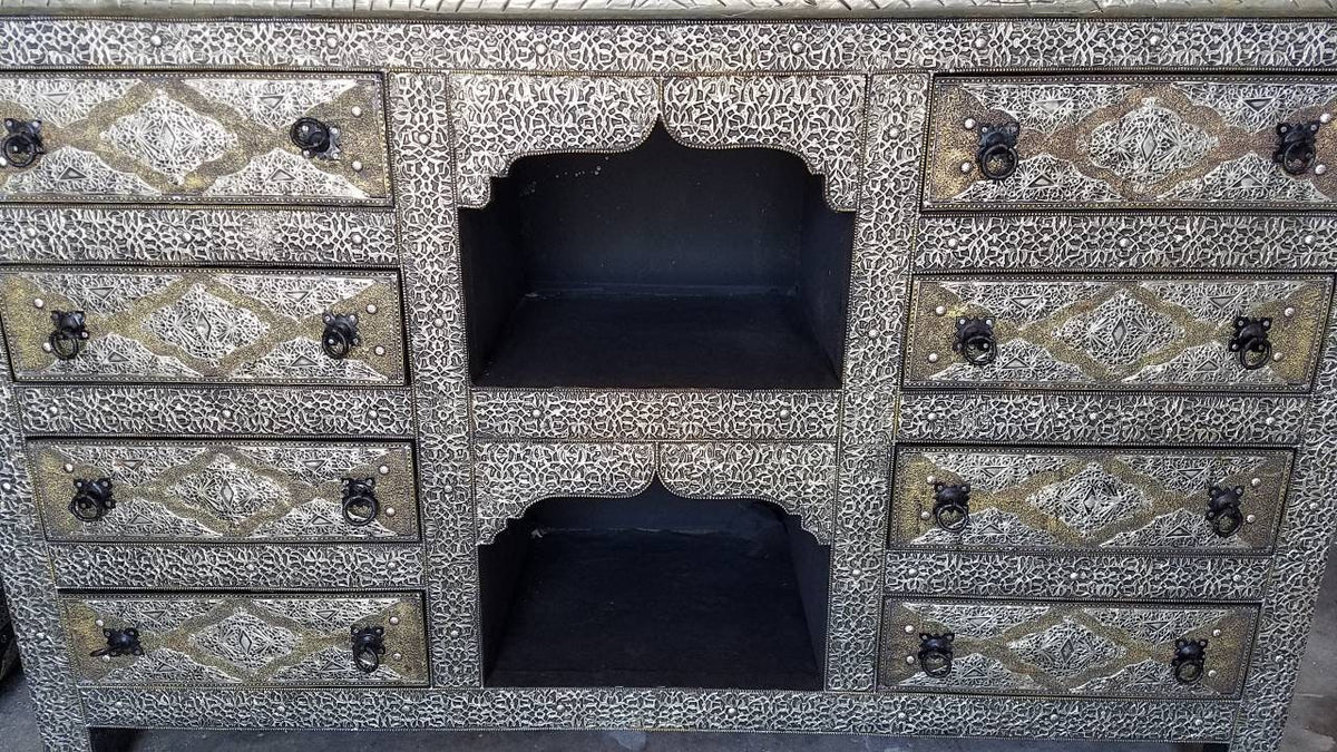Handmade Moroccan Silver Metal Cabinet, 8 Drawer Rustic Buffet