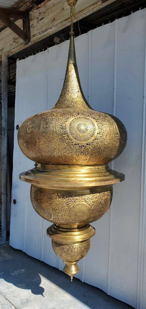 Extra Large Vintage Moroccan Brass Chandelier, Handmade Moorish Pendant Light