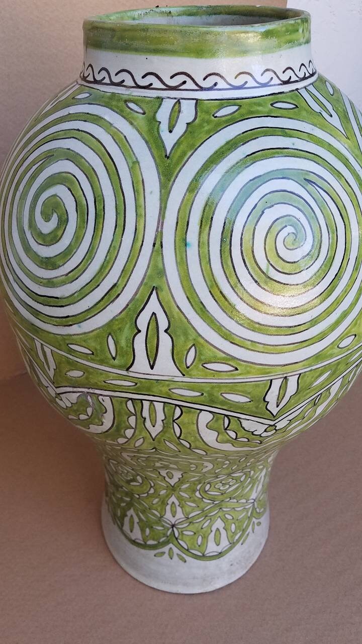 Handmade Moroccan Pottery Vase, Abstract Painted Decor (25" x 13.5")