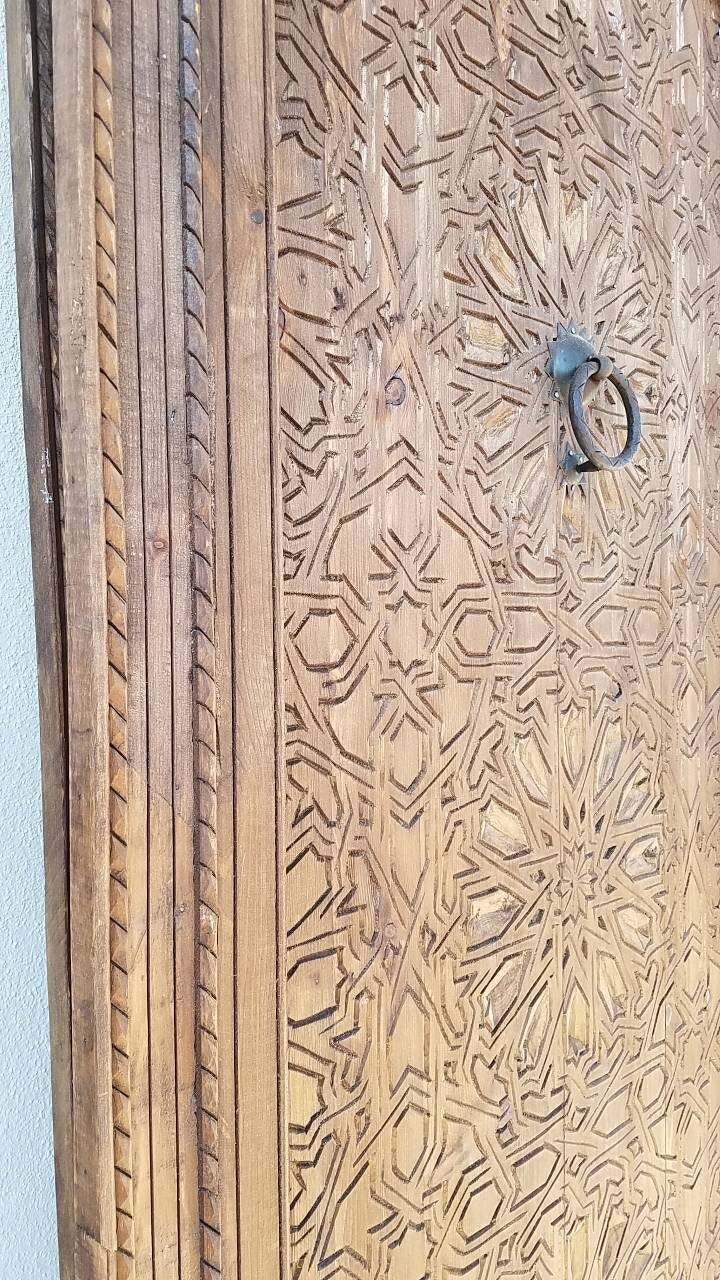 Handmade Vintage Moroccan Cedar Door, Geometric Carving, Metal Knocker (89x41)