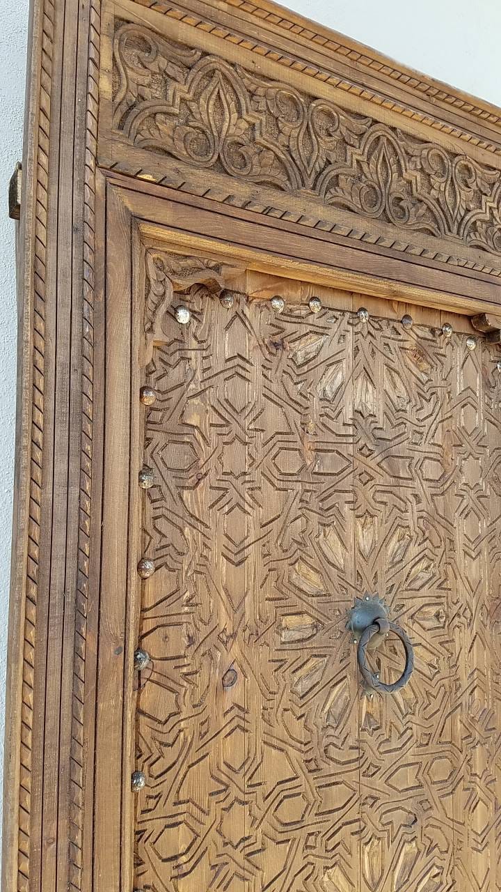 Handmade Vintage Moroccan Cedar Door, Geometric Carving, Metal Knocker (89x41)