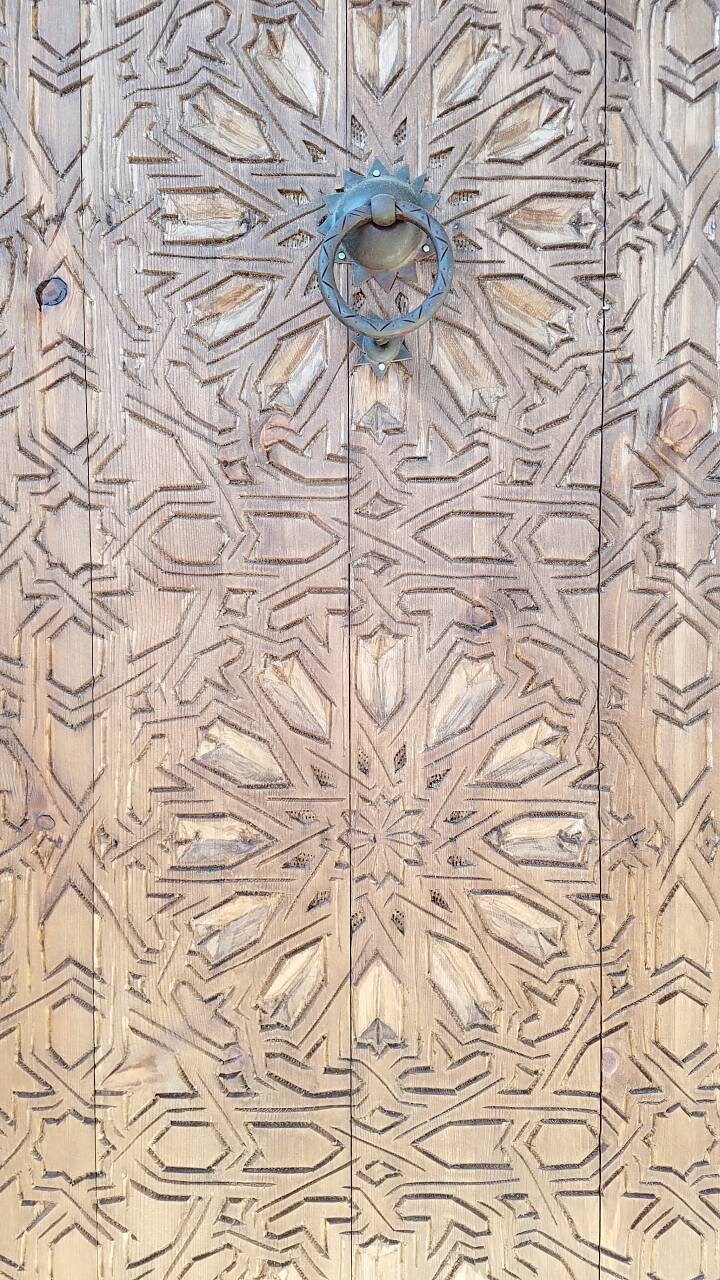 Handmade Vintage Moroccan Cedar Door, Geometric Carving, Metal Knocker (89x41)