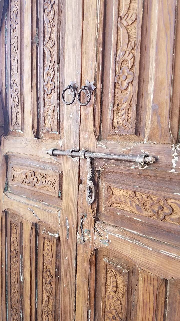 Handmade Vintage Moroccan Carved Wood Door Panels (78x40)