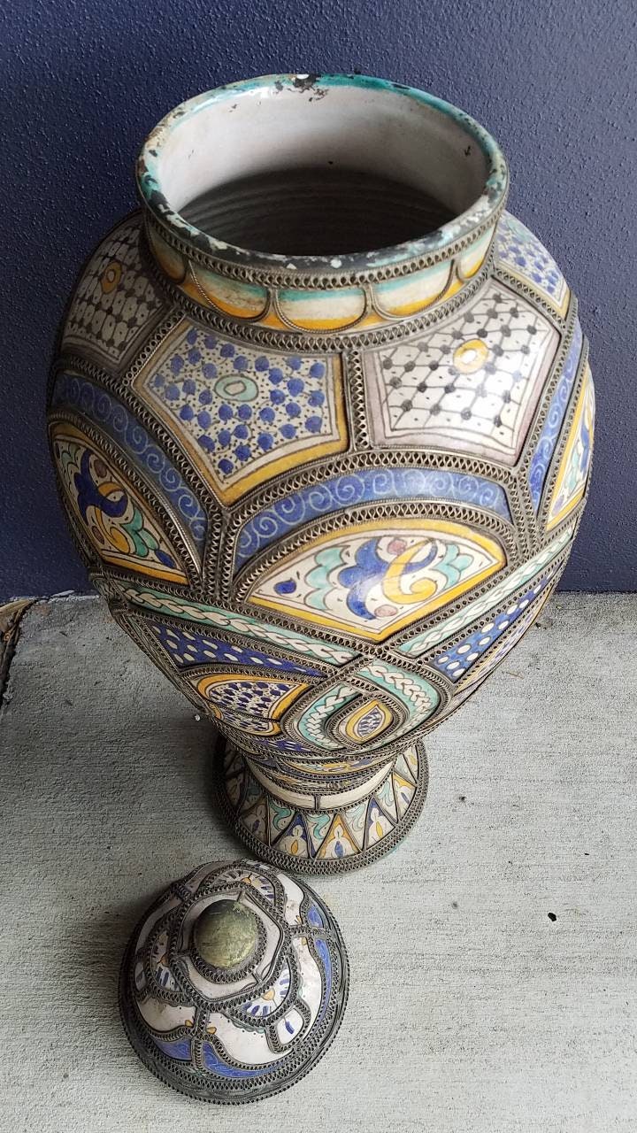 Antique Fez Clay Urn, Embossed Brass Wirework Overlay, Hand-Painted Glazed Panels