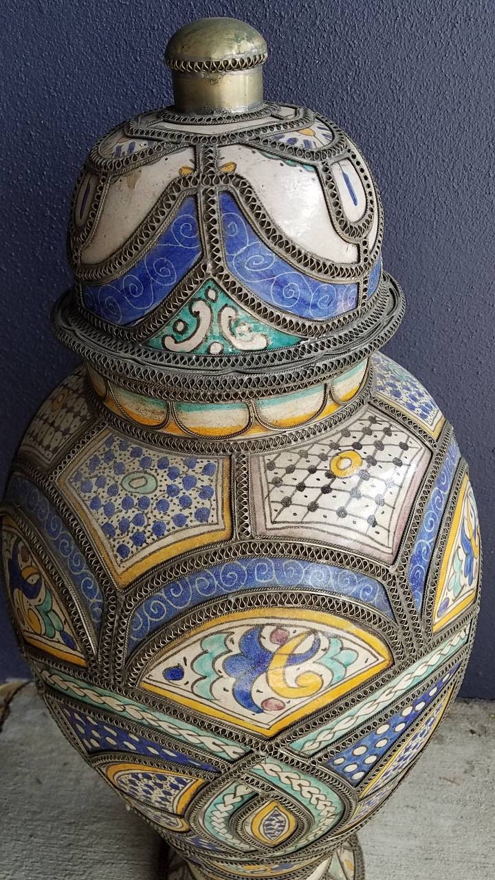 Antique Fez Clay Urn, Embossed Brass Wirework Overlay, Hand-Painted Glazed Panels