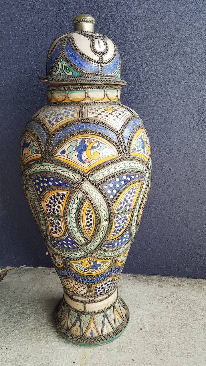 Antique Fez Clay Urn, Embossed Brass Wirework Overlay, Hand-Painted Glazed Panels