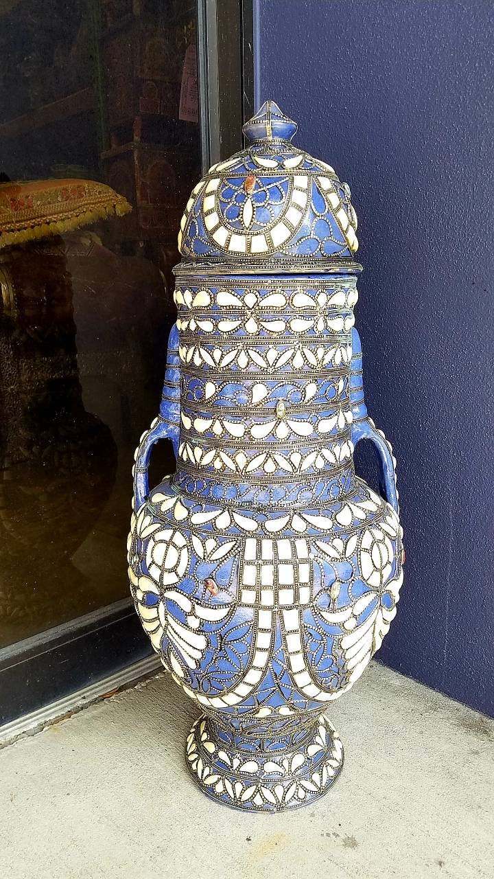 Hand Carved Camel Bone Moroccan Vase, Metal Accents