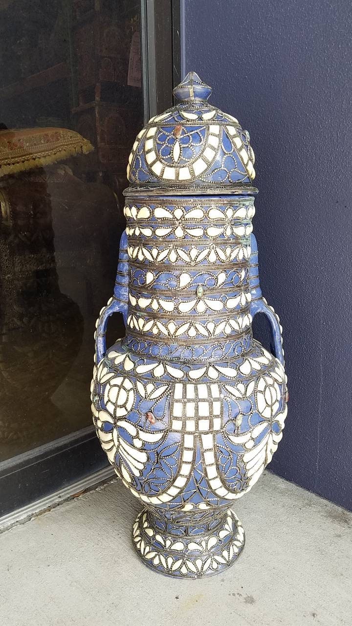 Hand Carved Camel Bone Moroccan Vase, Metal Accents