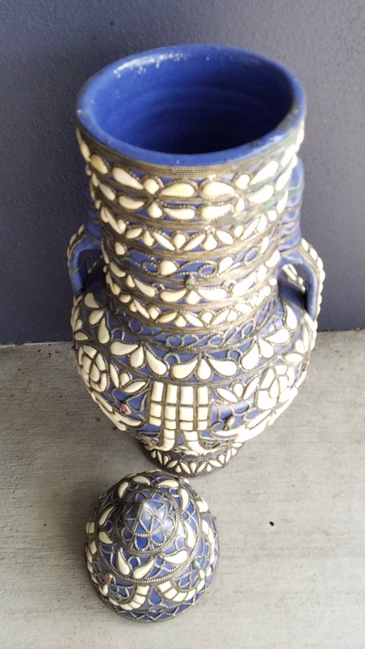 Hand Carved Camel Bone Moroccan Vase, Metal Accents