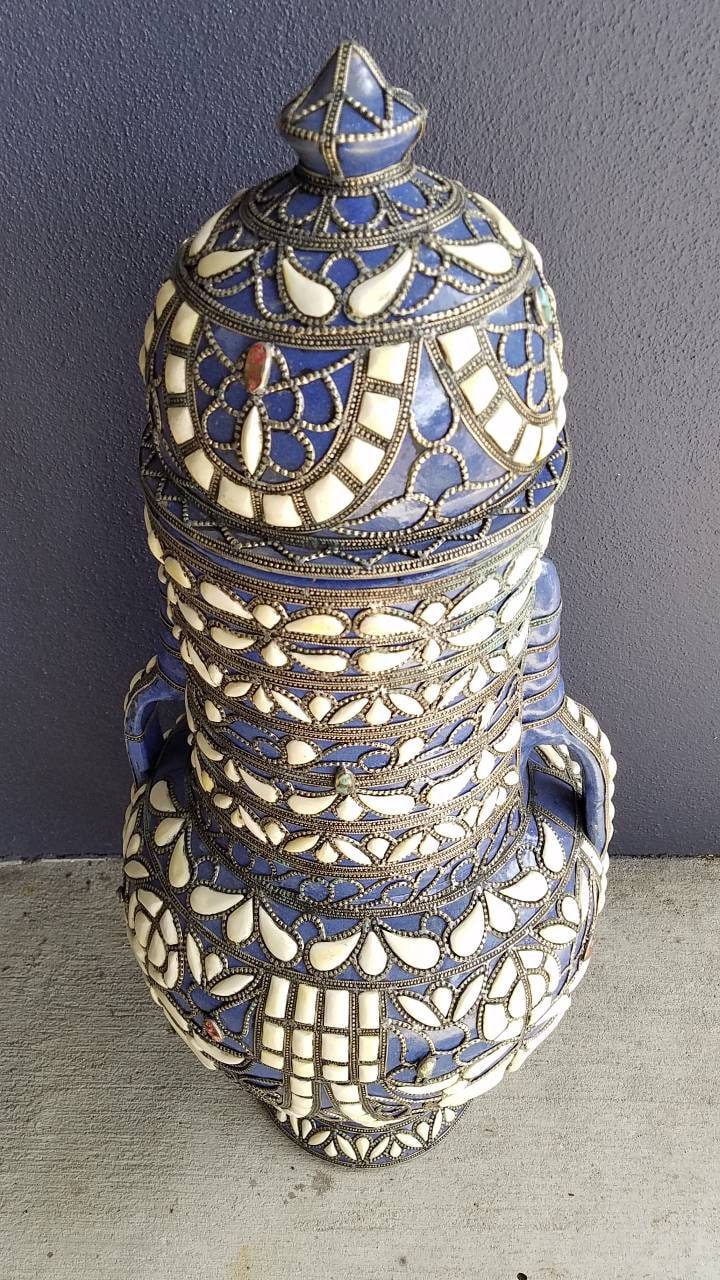Hand Carved Camel Bone Moroccan Vase, Metal Accents