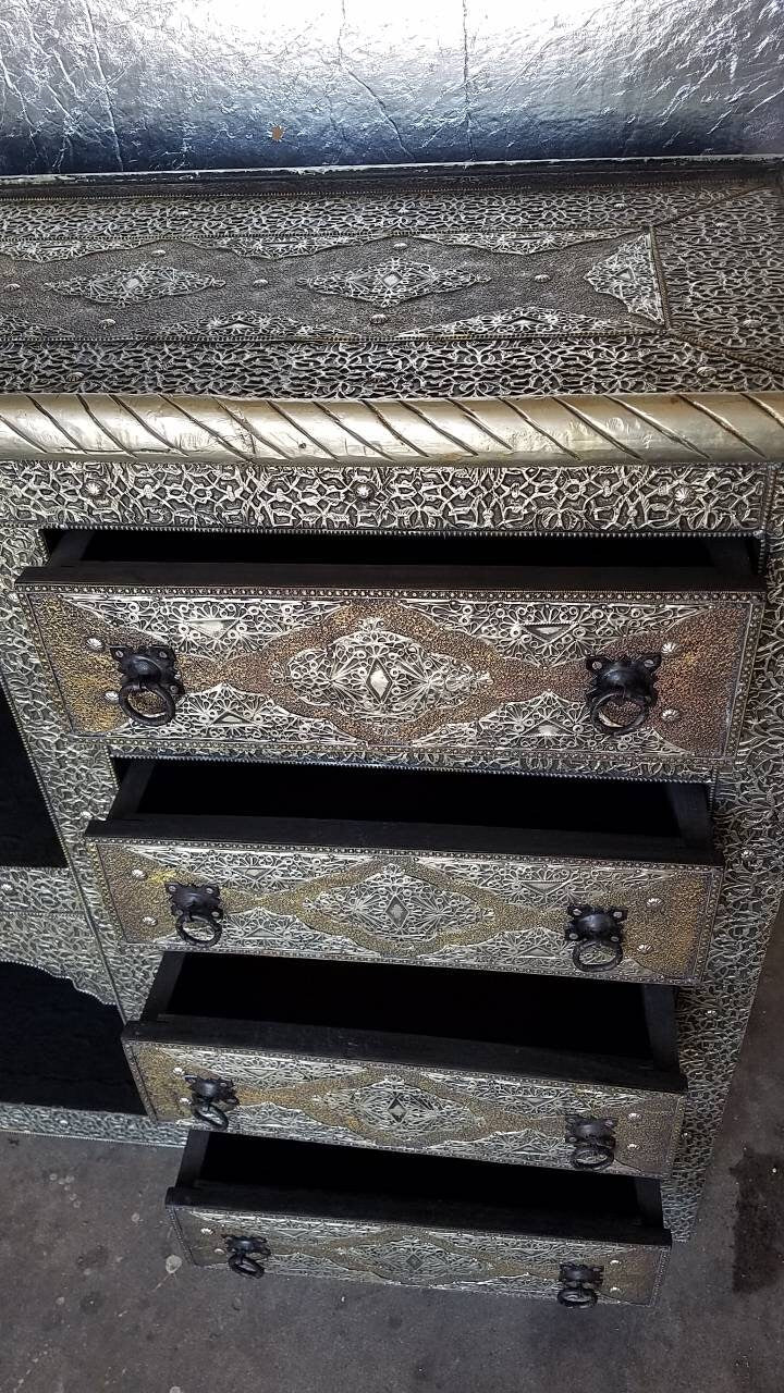 Handmade Moroccan Silver Metal Cabinet, 8 Drawer Rustic Buffet