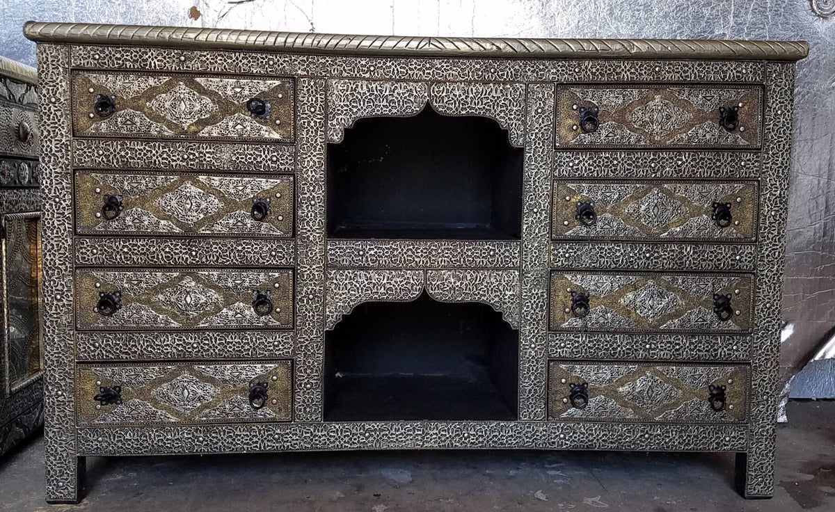 Handmade Moroccan Silver Metal Cabinet, 8 Drawer Rustic Buffet
