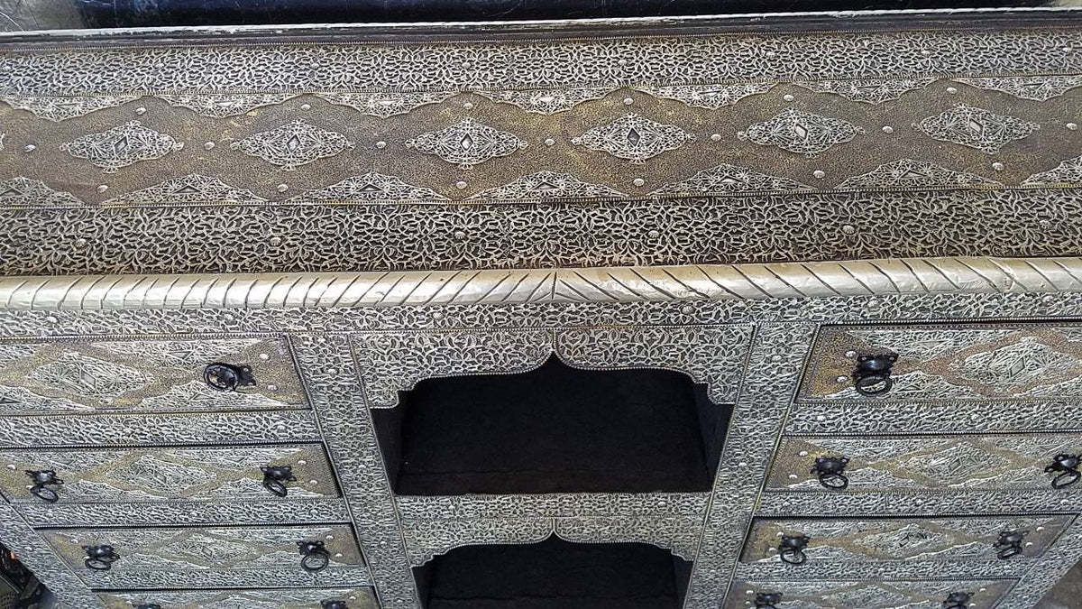 Handmade Moroccan Silver Metal Cabinet, 8 Drawer Rustic Buffet